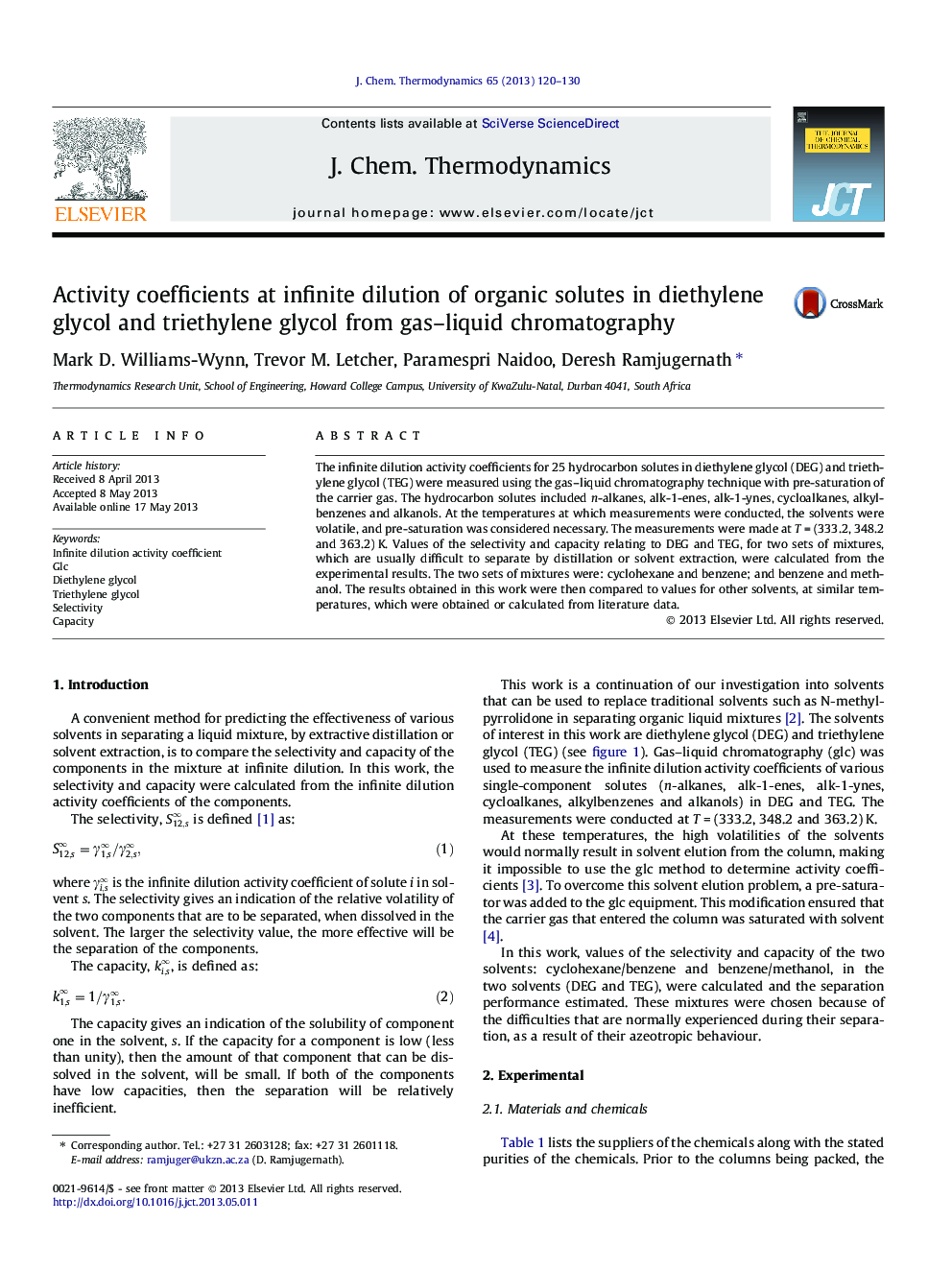 Activity coefficients at infinite dilution of organic solutes in diethylene glycol and triethylene glycol from gas–liquid chromatography