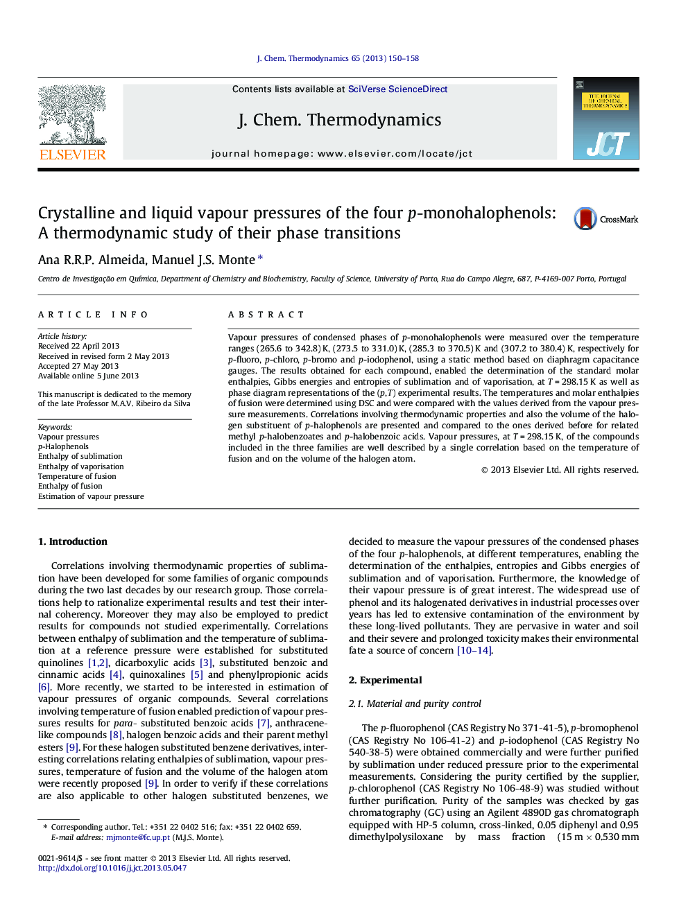 Crystalline and liquid vapour pressures of the four p-monohalophenols: A thermodynamic study of their phase transitions