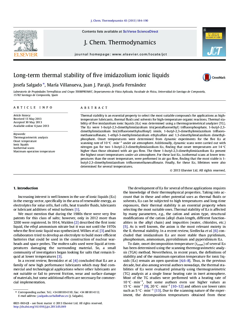 Long-term thermal stability of five imidazolium ionic liquids