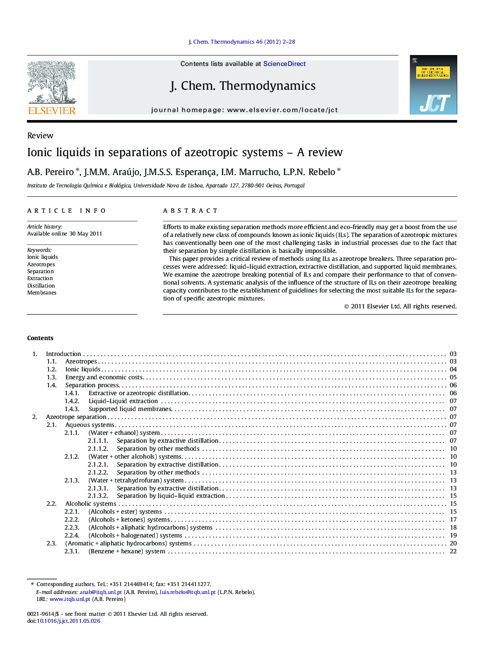 Ionic liquids in separations of azeotropic systems – A review