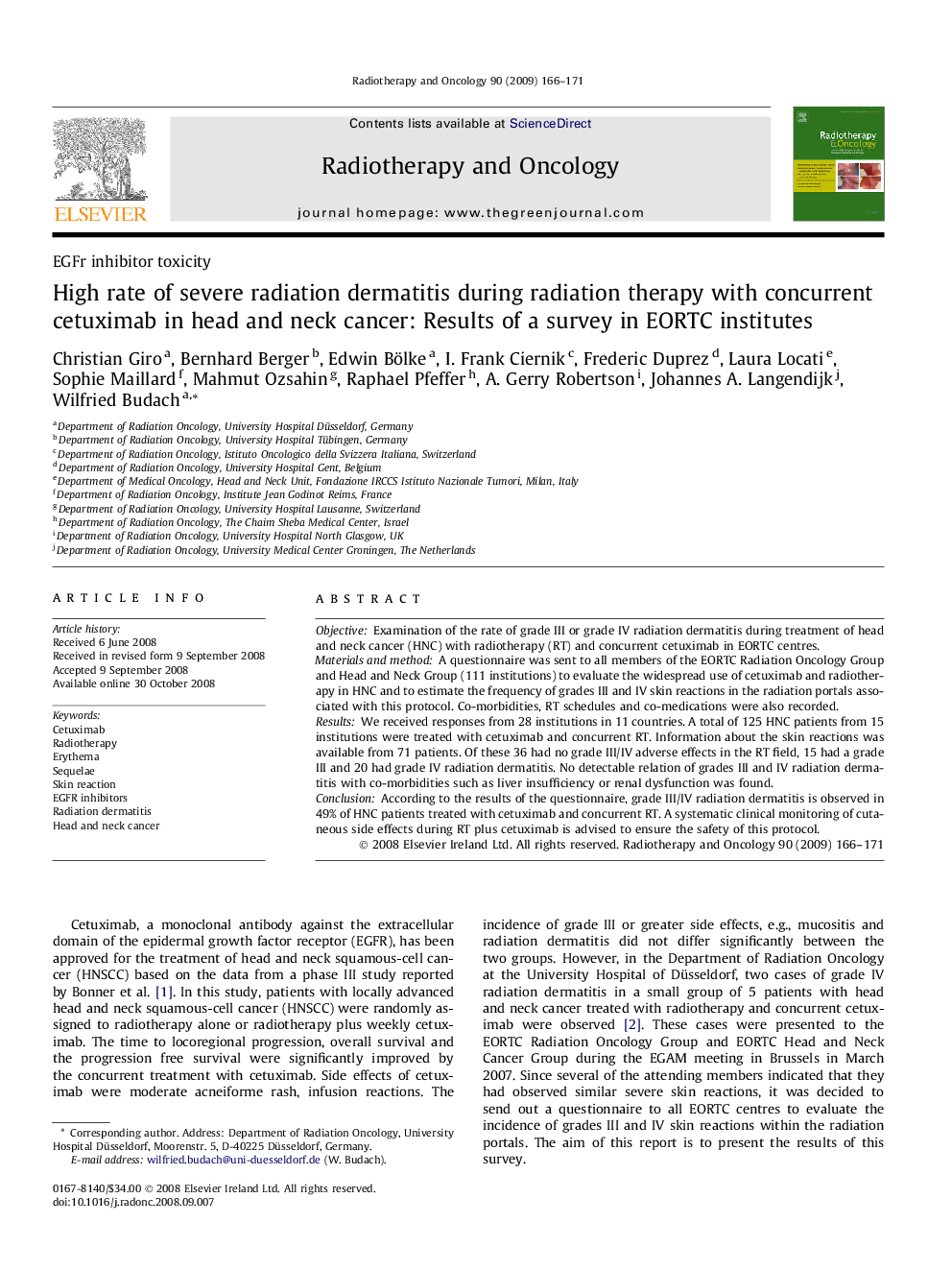 High rate of severe radiation dermatitis during radiation therapy with concurrent cetuximab in head and neck cancer: Results of a survey in EORTC institutes