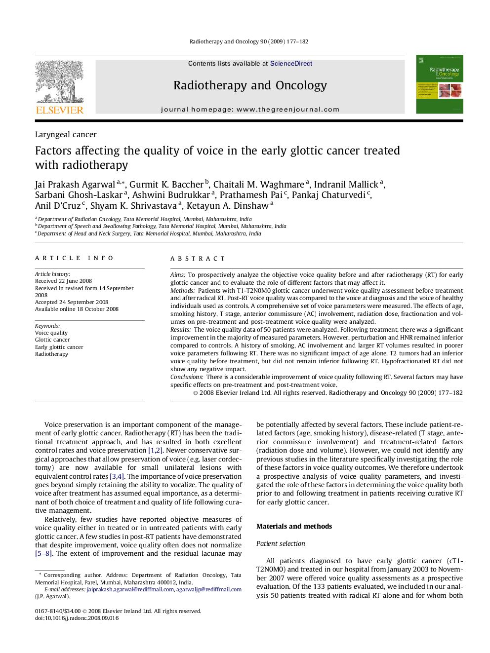 Factors affecting the quality of voice in the early glottic cancer treated with radiotherapy