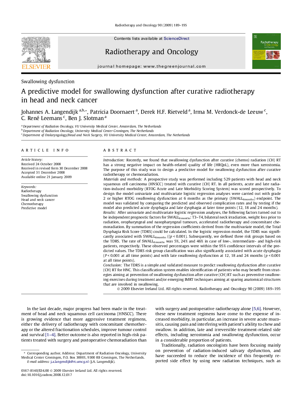 A predictive model for swallowing dysfunction after curative radiotherapy in head and neck cancer