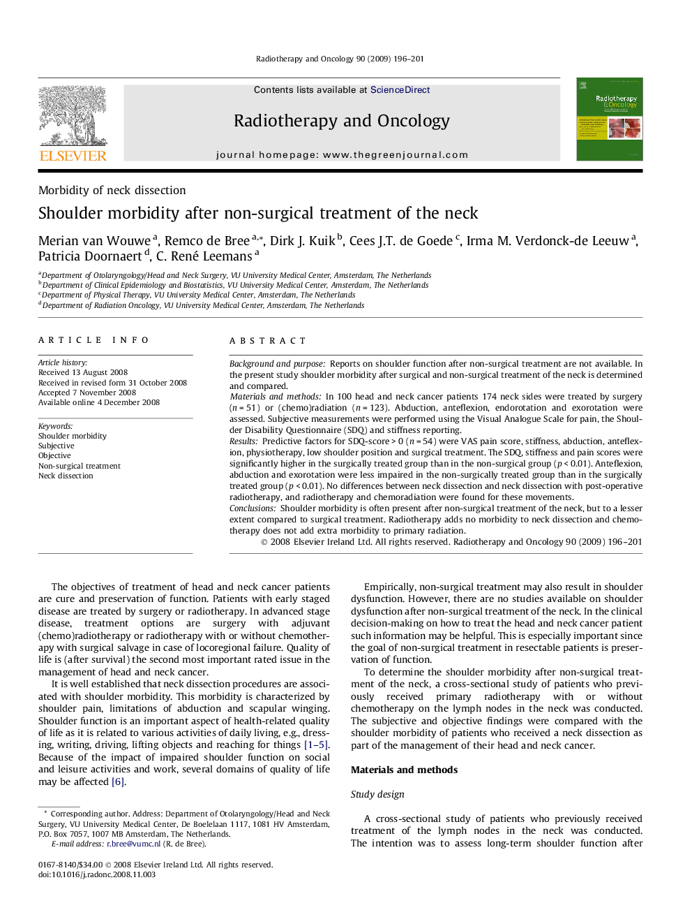 Shoulder morbidity after non-surgical treatment of the neck