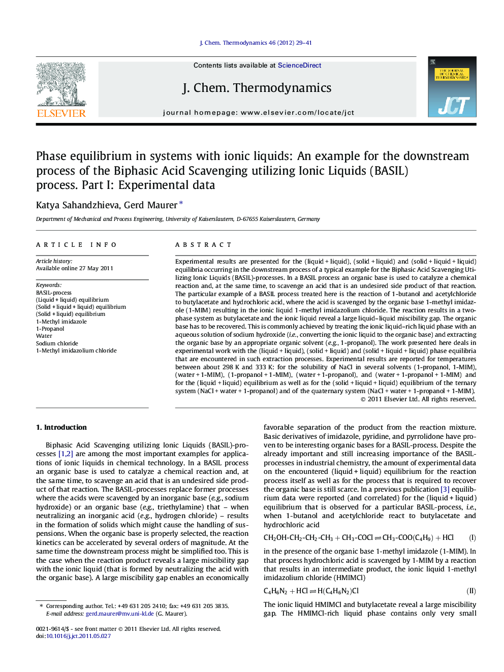 عکس صفحه اول مقاله: Phase equilibrium in systems with ionic liquids: An example for the downstream process of the Biphasic Acid Scavenging utilizing Ionic Liquids (BASIL) process. Part I: Experimental data Phase equilibrium in systems with ionic liquids: An example for the downstream process of the Biphasic Acid Scavenging utilizing Ionic Liquids (BASIL) process. Part I: Experimental data