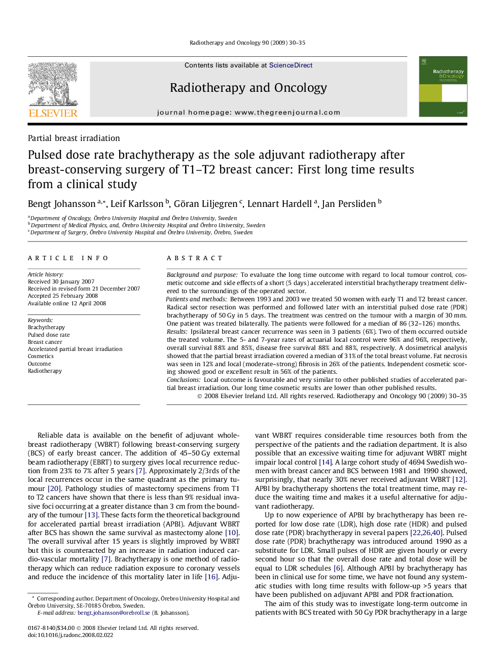 Pulsed dose rate brachytherapy as the sole adjuvant radiotherapy after breast-conserving surgery of T1–T2 breast cancer: First long time results from a clinical study