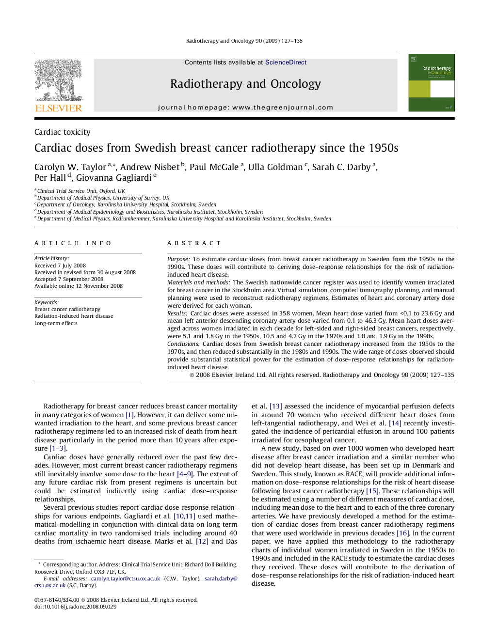 Cardiac doses from Swedish breast cancer radiotherapy since the 1950s