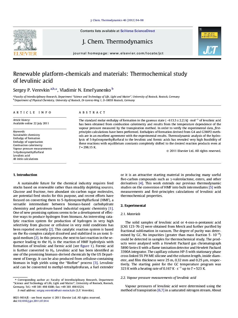 Renewable platform-chemicals and materials: Thermochemical study of levulinic acid