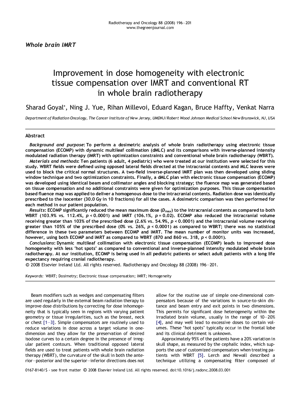 Improvement in dose homogeneity with electronic tissue compensation over IMRT and conventional RT in whole brain radiotherapy