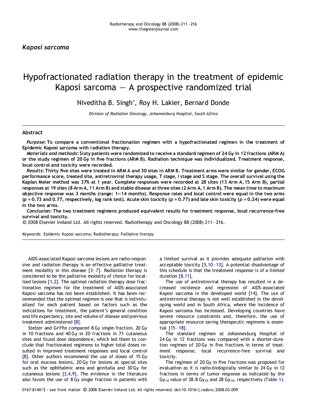 Hypofractionated radiation therapy in the treatment of epidemic Kaposi sarcoma – A prospective randomized trial