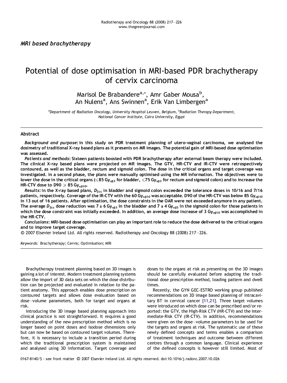 Potential of dose optimisation in MRI-based PDR brachytherapy of cervix carcinoma