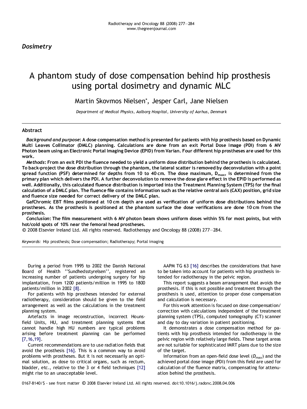 A phantom study of dose compensation behind hip prosthesis using portal dosimetry and dynamic MLC