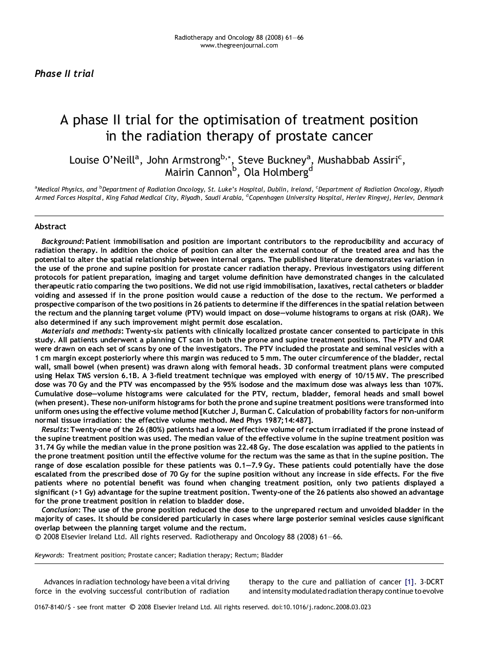 A phase II trial for the optimisation of treatment position in the radiation therapy of prostate cancer