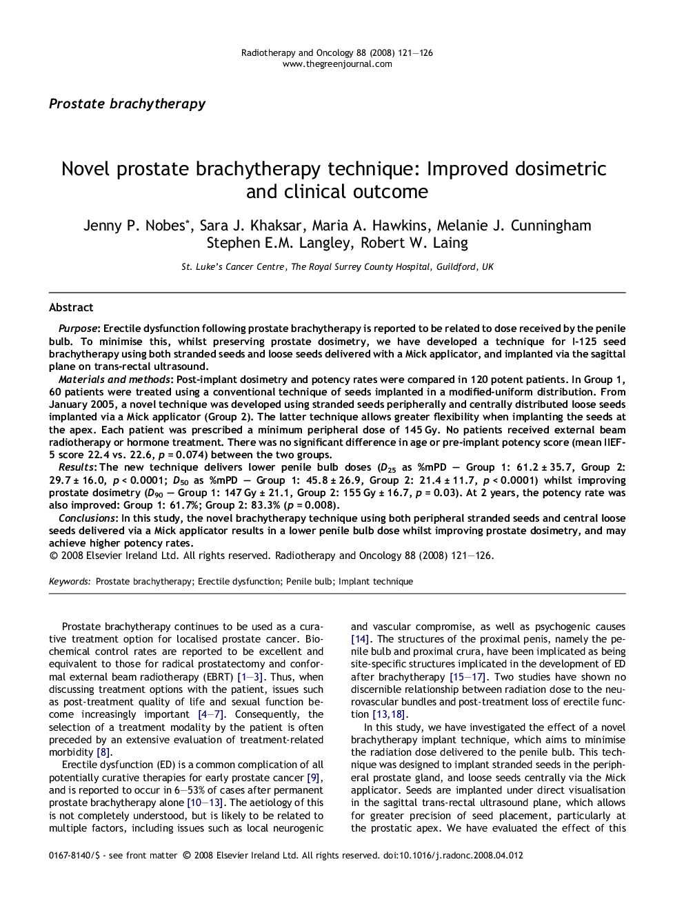 Novel prostate brachytherapy technique: Improved dosimetric and clinical outcome