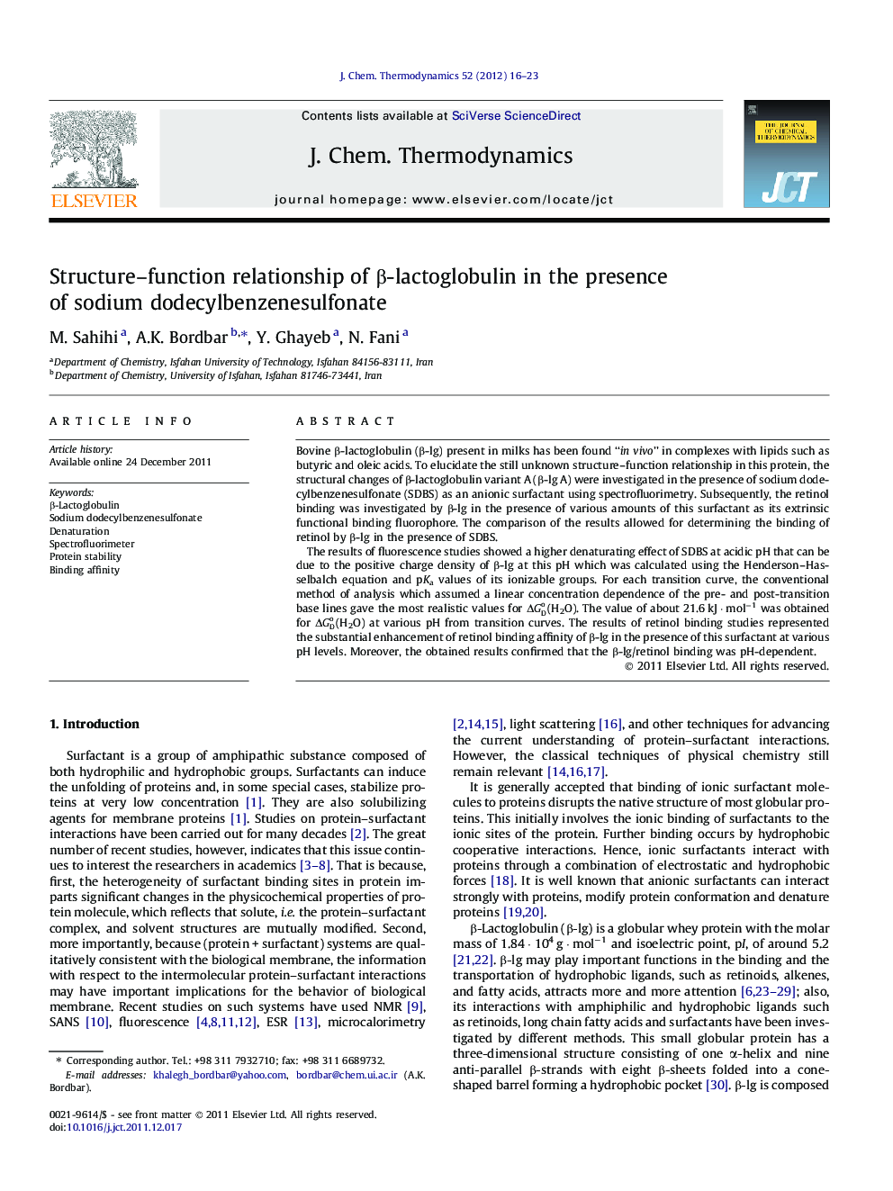 Structure–function relationship of β-lactoglobulin in the presence of sodium dodecylbenzenesulfonate