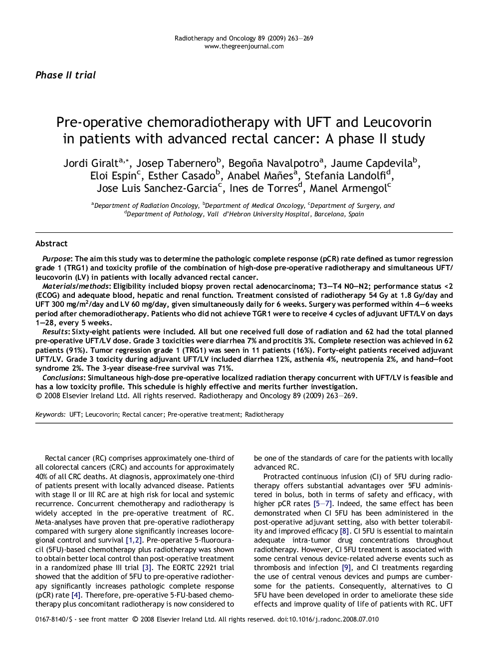 Pre-operative chemoradiotherapy with UFT and Leucovorin in patients with advanced rectal cancer: A phase II study