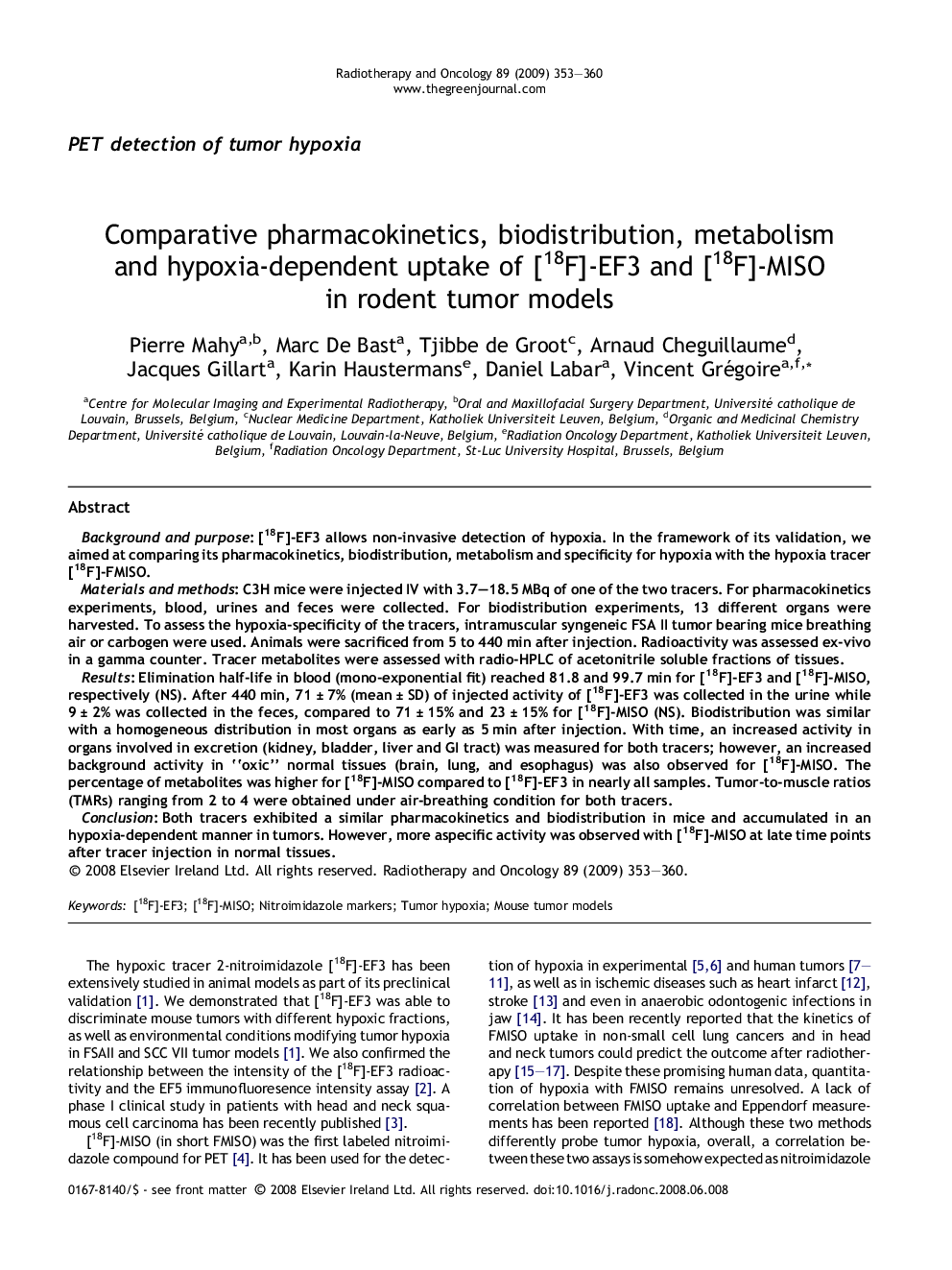 Comparative pharmacokinetics, biodistribution, metabolism and hypoxia-dependent uptake of [18F]-EF3 and [18F]-MISO in rodent tumor models