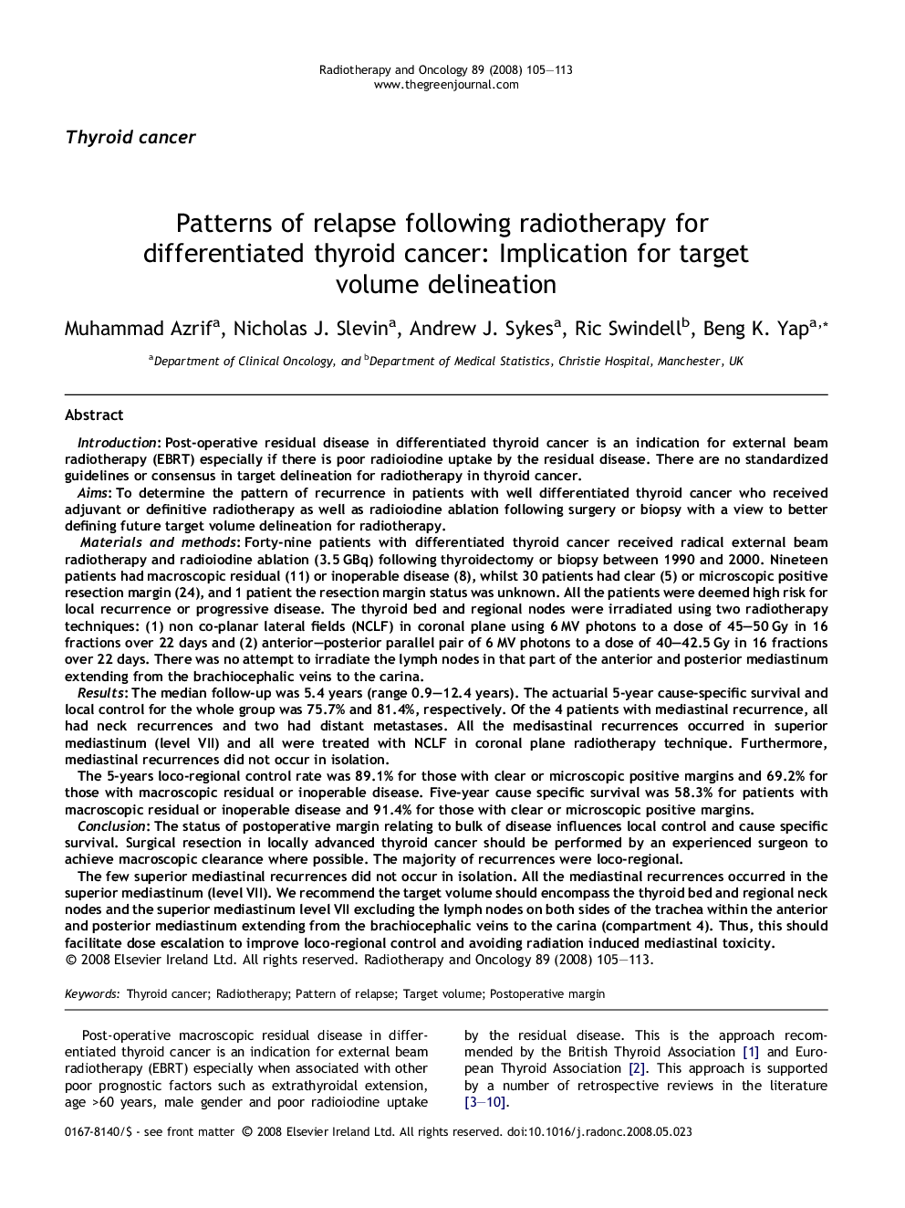 Patterns of relapse following radiotherapy for differentiated thyroid cancer: Implication for target volume delineation