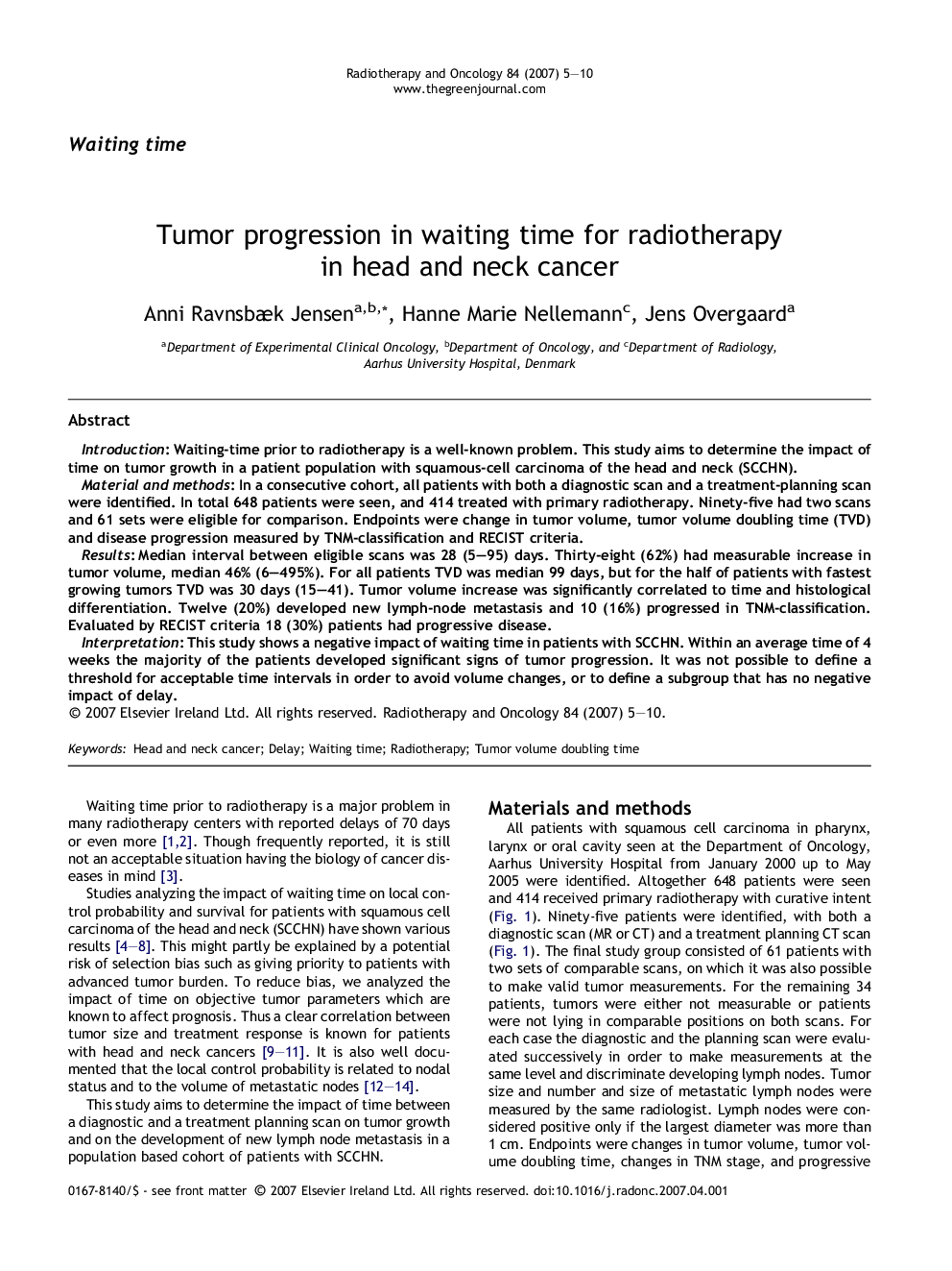 Tumor progression in waiting time for radiotherapy in head and neck cancer