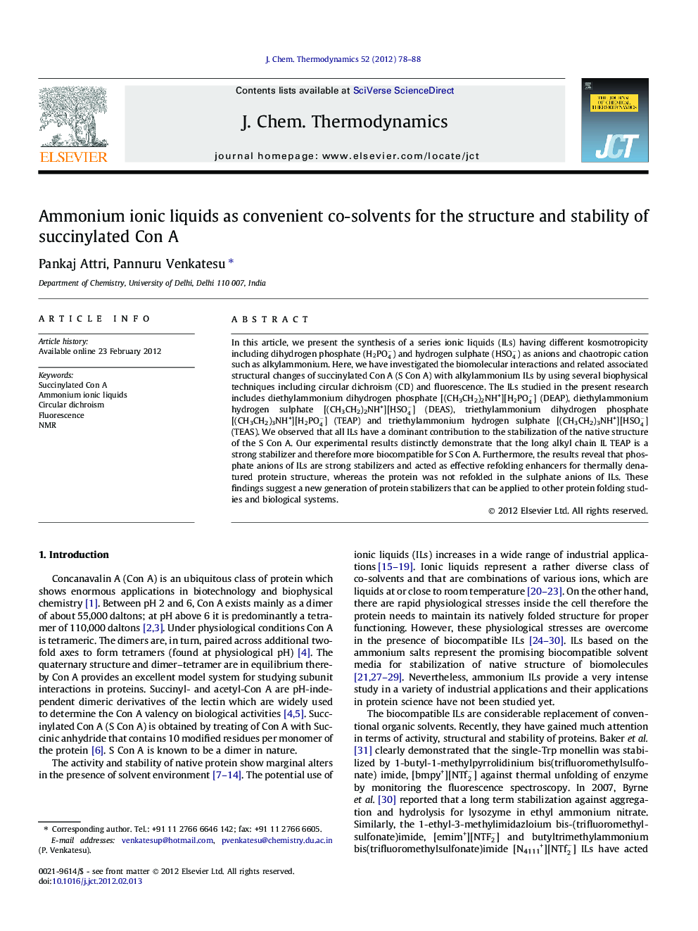 عکس صفحه اول مقاله: Ammonium ionic liquids as convenient co-solvents for the structure and stability of succinylated Con A Ammonium ionic liquids as convenient co-solvents for the structure and stability of succinylated Con A