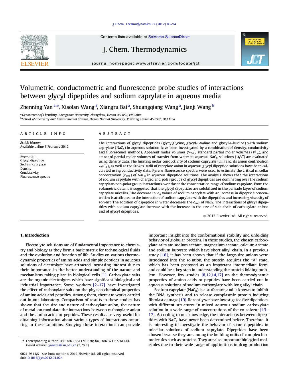 عکس صفحه اول مقاله: Volumetric, conductometric and fluorescence probe studies of interactions between glycyl dipeptides and sodium caprylate in aqueous media Volumetric, conductometric and fluorescence probe studies of interactions between glycyl dipeptides and sodium caprylate in aqueous media