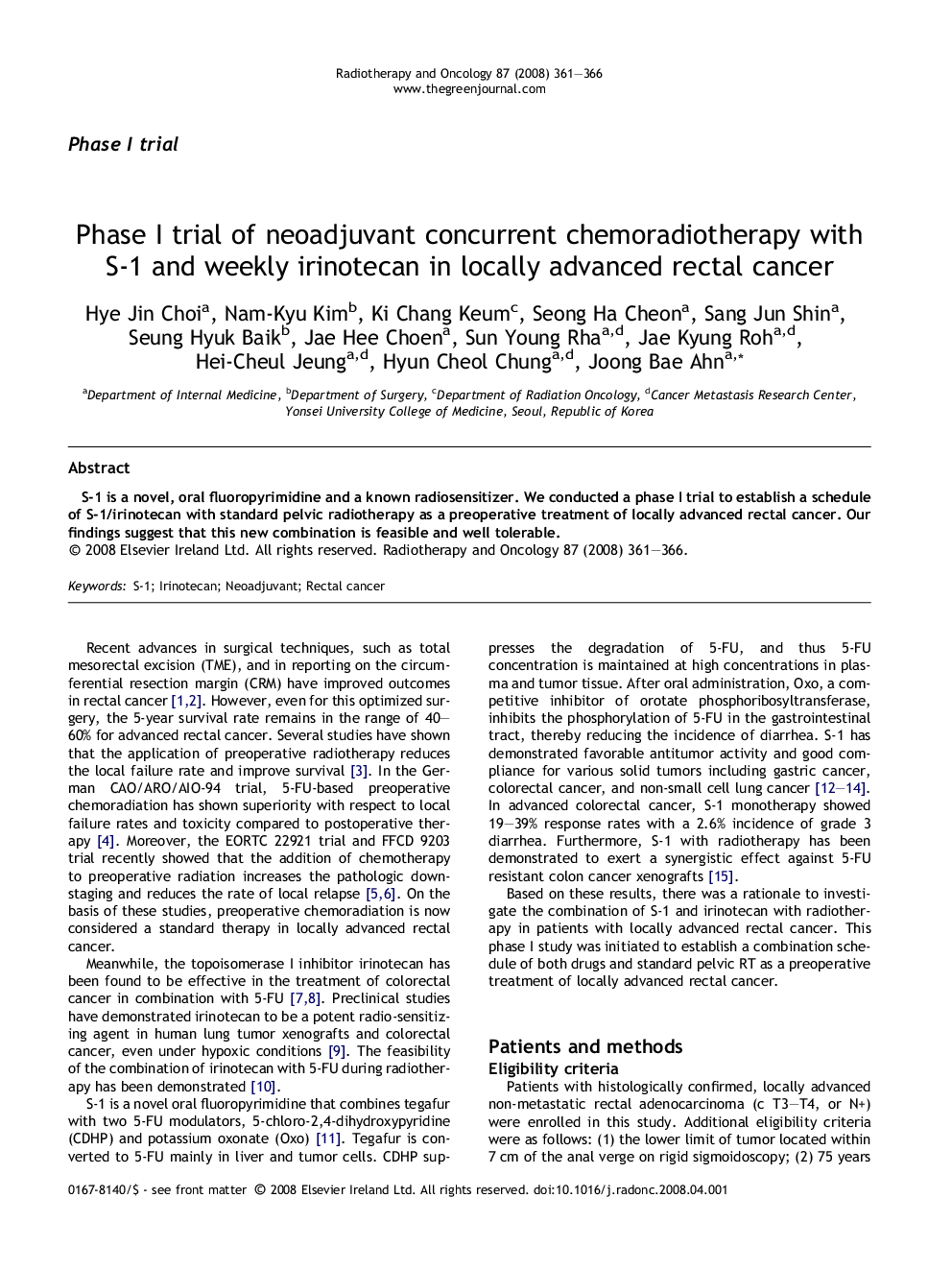 Phase I trial of neoadjuvant concurrent chemoradiotherapy with S-1 and weekly irinotecan in locally advanced rectal cancer