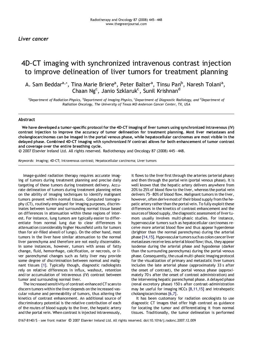 4D-CT imaging with synchronized intravenous contrast injection to improve delineation of liver tumors for treatment planning