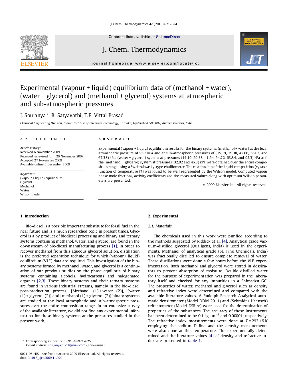 Experimental (vapour + liquid) equilibrium data of (methanol + water), (water + glycerol) and (methanol + glycerol) systems at atmospheric and sub-atmospheric pressures