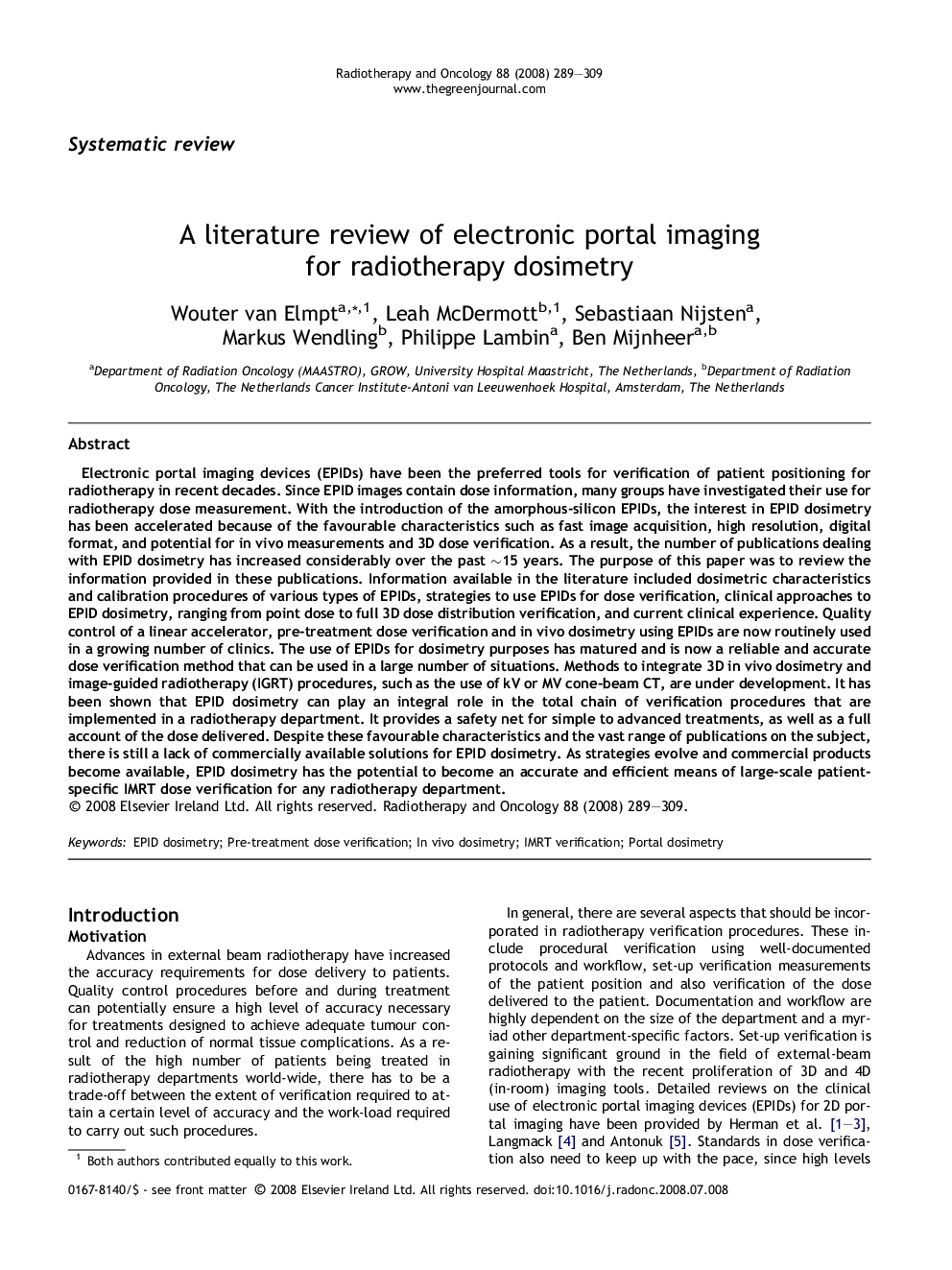 A literature review of electronic portal imaging for radiotherapy dosimetry