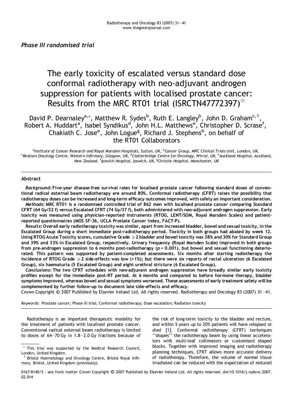 The early toxicity of escalated versus standard dose conformal radiotherapy with neo-adjuvant androgen suppression for patients with localised prostate cancer: Results from the MRC RT01 trial (ISRCTN47772397) 