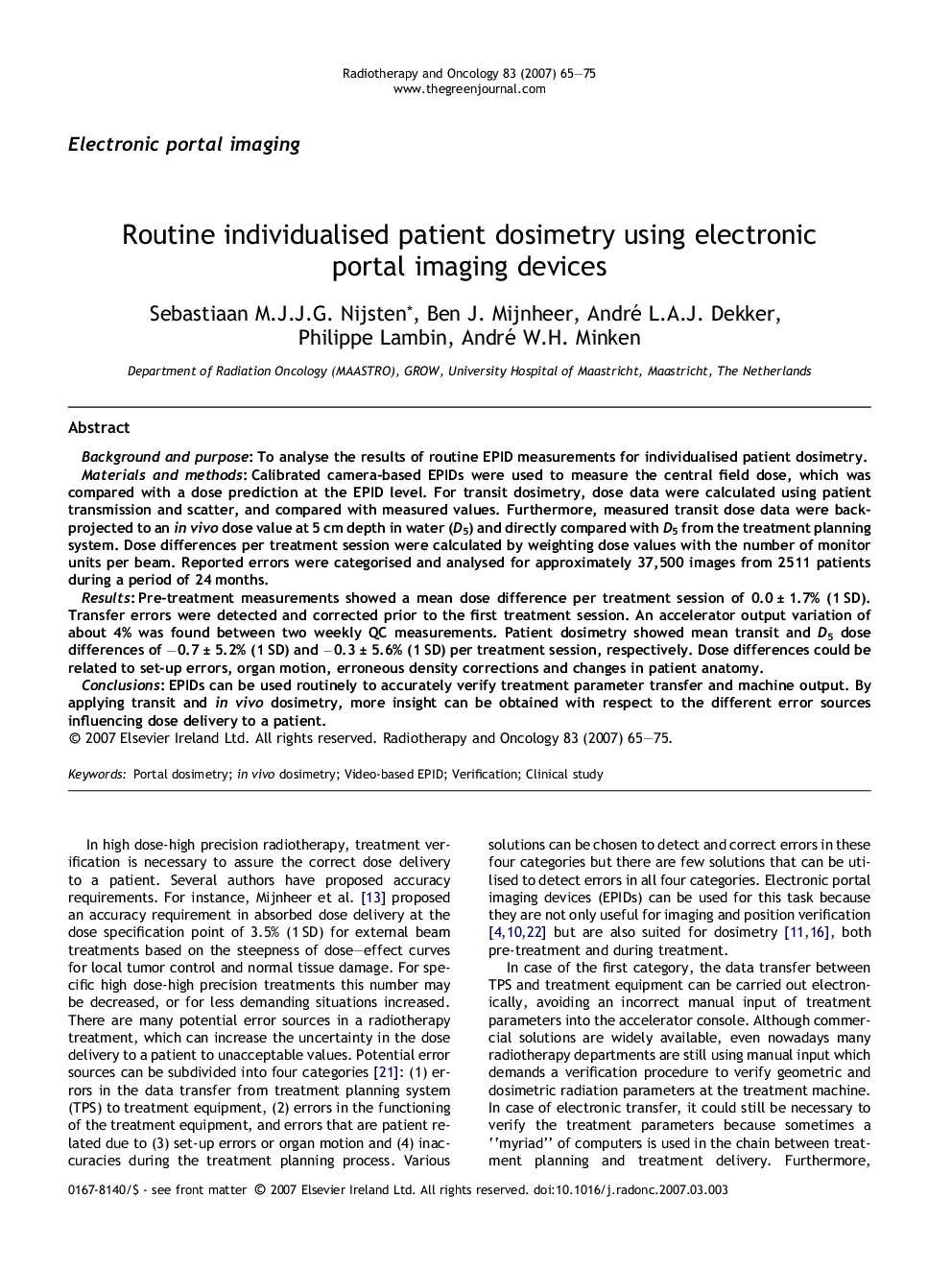 Routine individualised patient dosimetry using electronic portal imaging devices