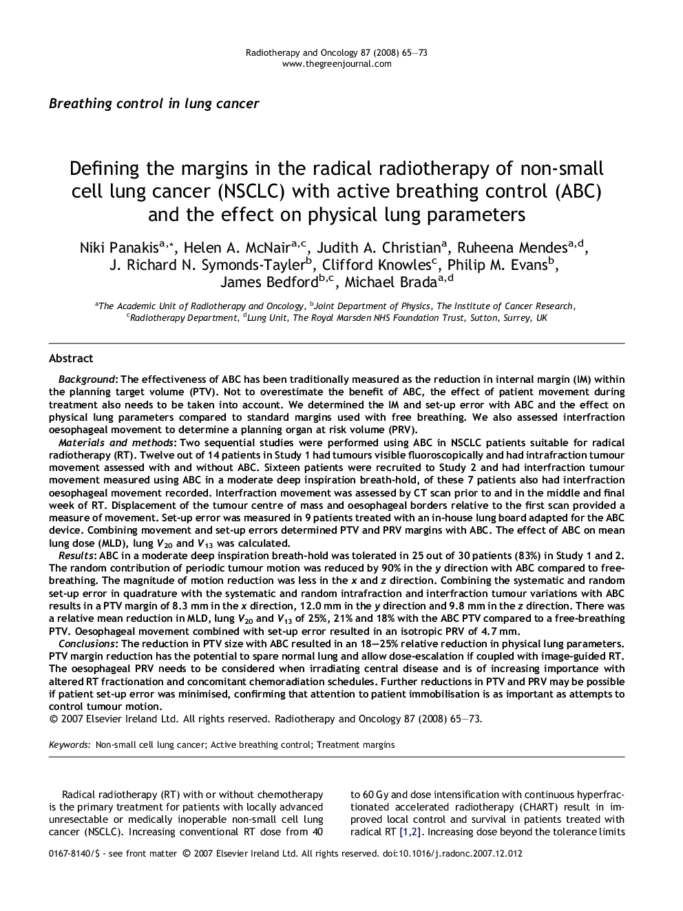 Defining the margins in the radical radiotherapy of non-small cell lung cancer (NSCLC) with active breathing control (ABC) and the effect on physical lung parameters