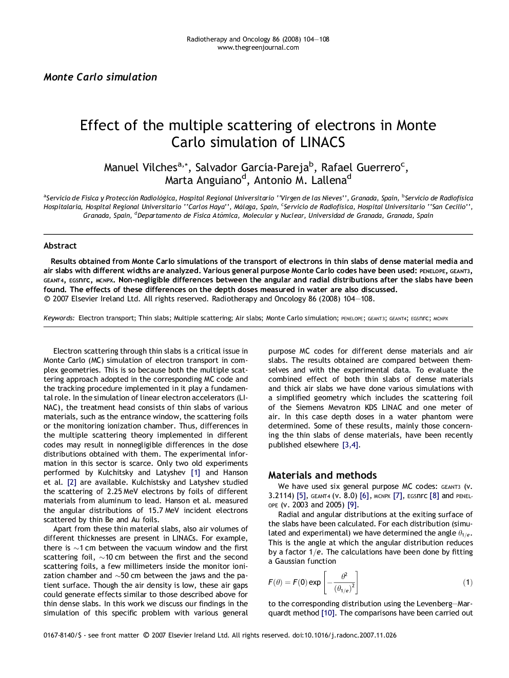 عکس صفحه اول مقاله: Effect of the multiple scattering of electrons in Monte Carlo simulation of LINACS Effect of the multiple scattering of electrons in Monte Carlo simulation of LINACS