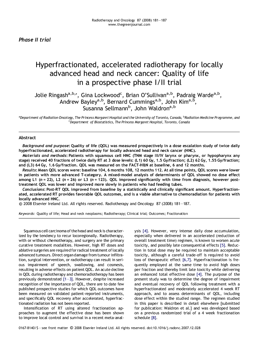 Hyperfractionated, accelerated radiotherapy for locally advanced head and neck cancer: Quality of life in a prospective phase I/II trial