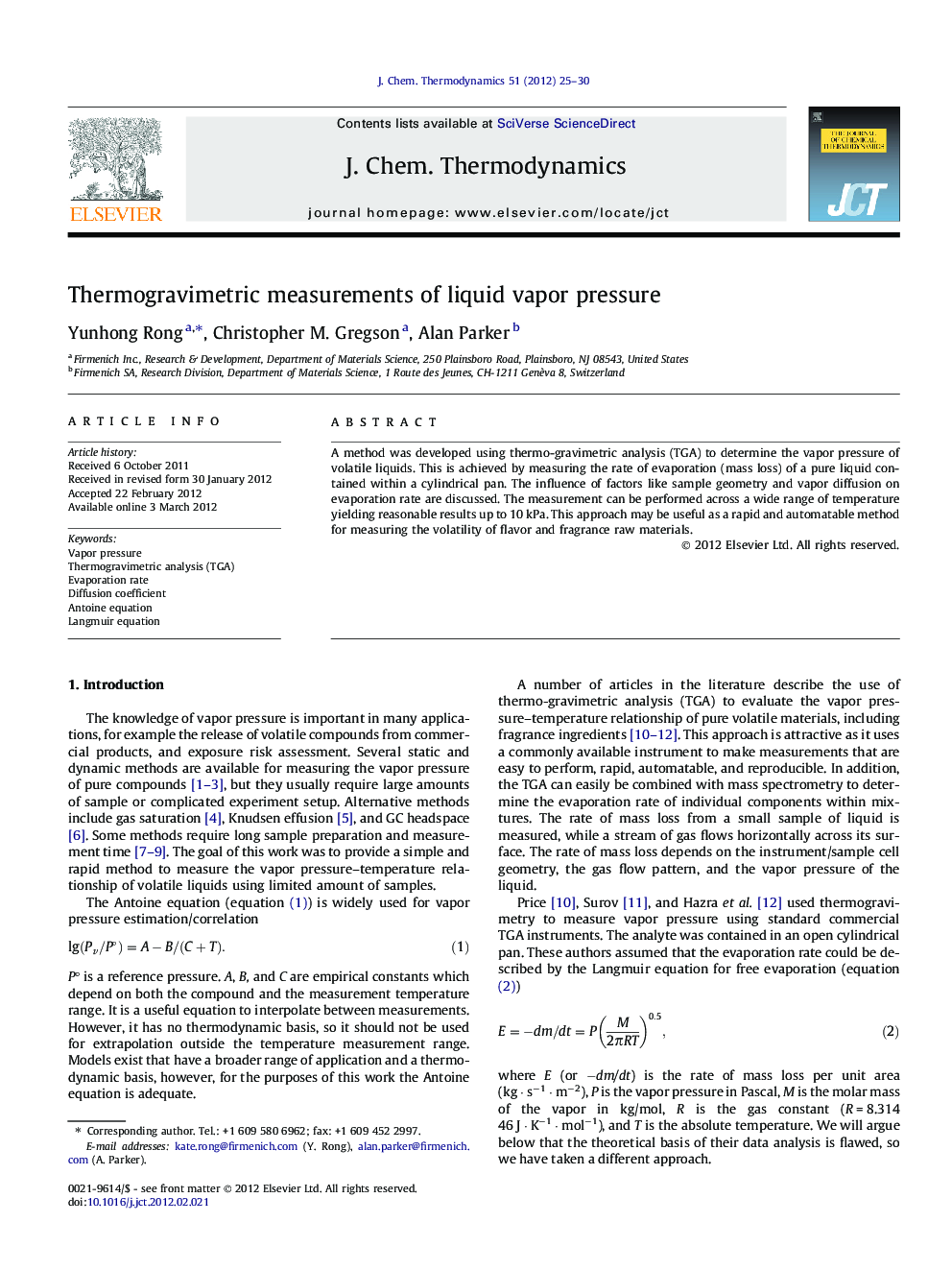 عکس صفحه اول مقاله: Thermogravimetric measurements of liquid vapor pressure Thermogravimetric measurements of liquid vapor pressure