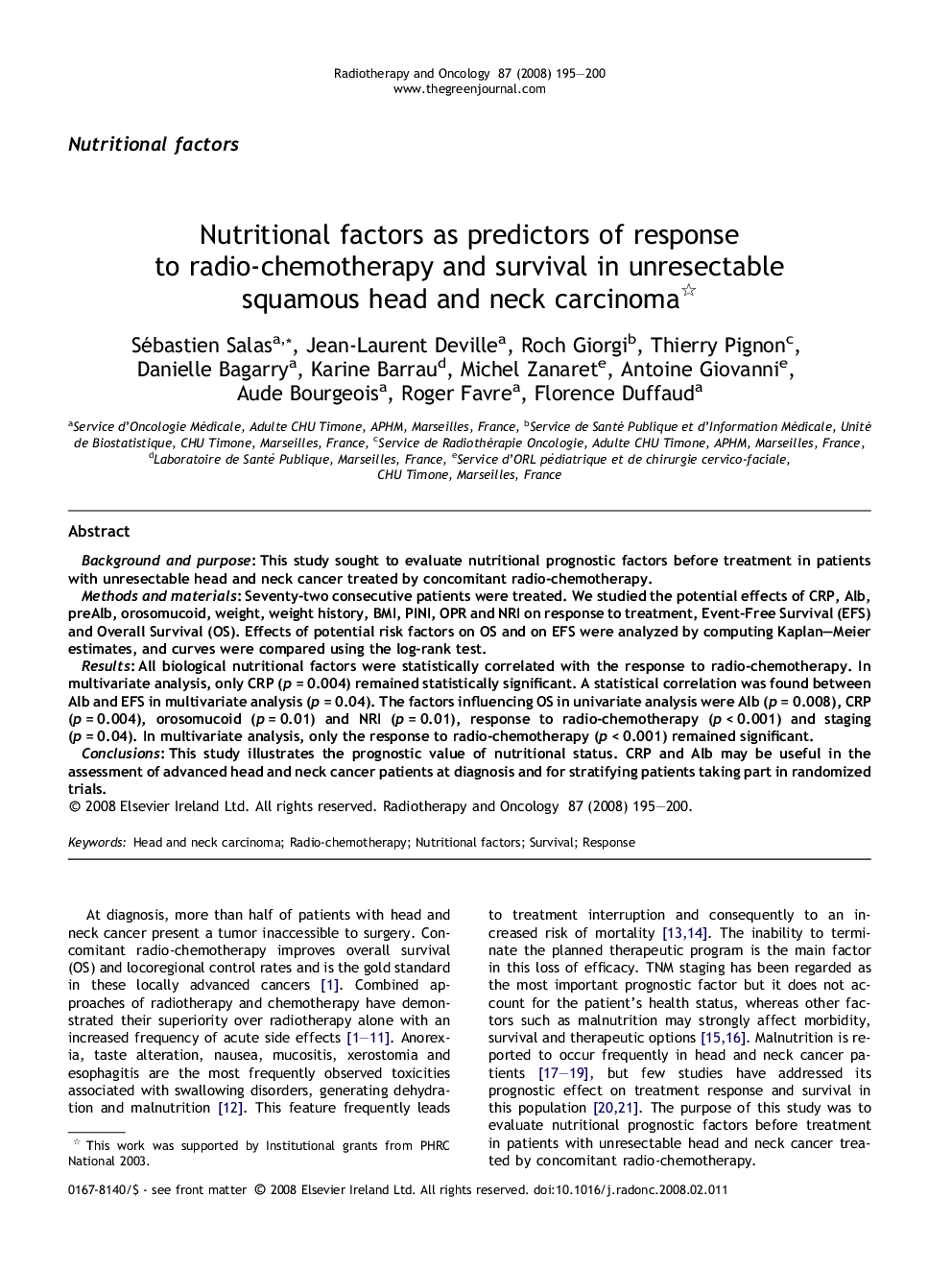 Nutritional factors as predictors of response to radio-chemotherapy and survival in unresectable squamous head and neck carcinoma 