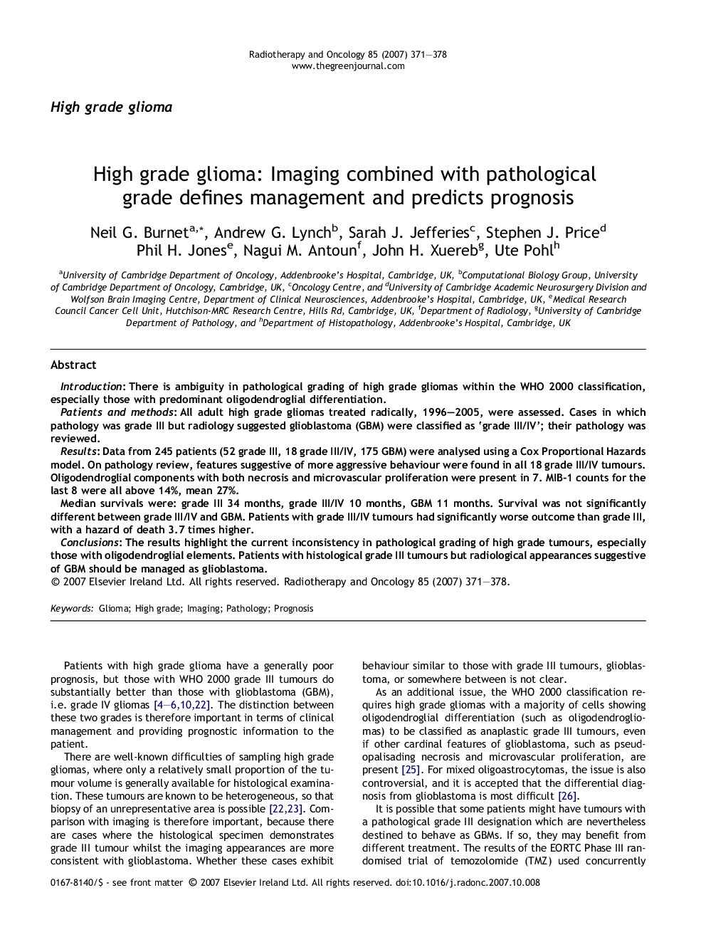 High grade glioma: Imaging combined with pathological grade defines management and predicts prognosis