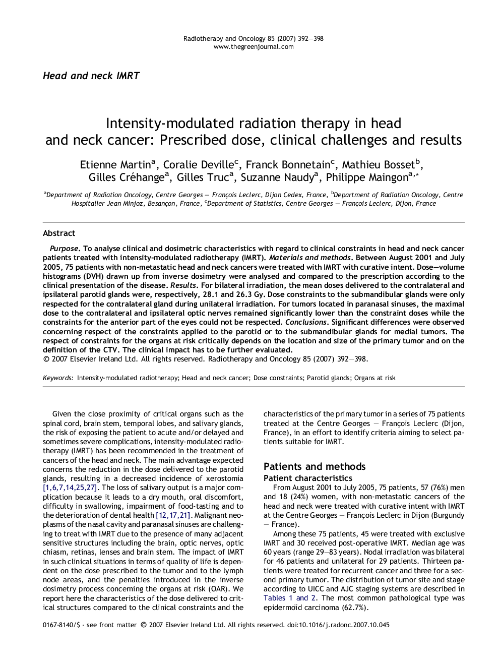 Intensity-modulated radiation therapy in head and neck cancer: Prescribed dose, clinical challenges and results