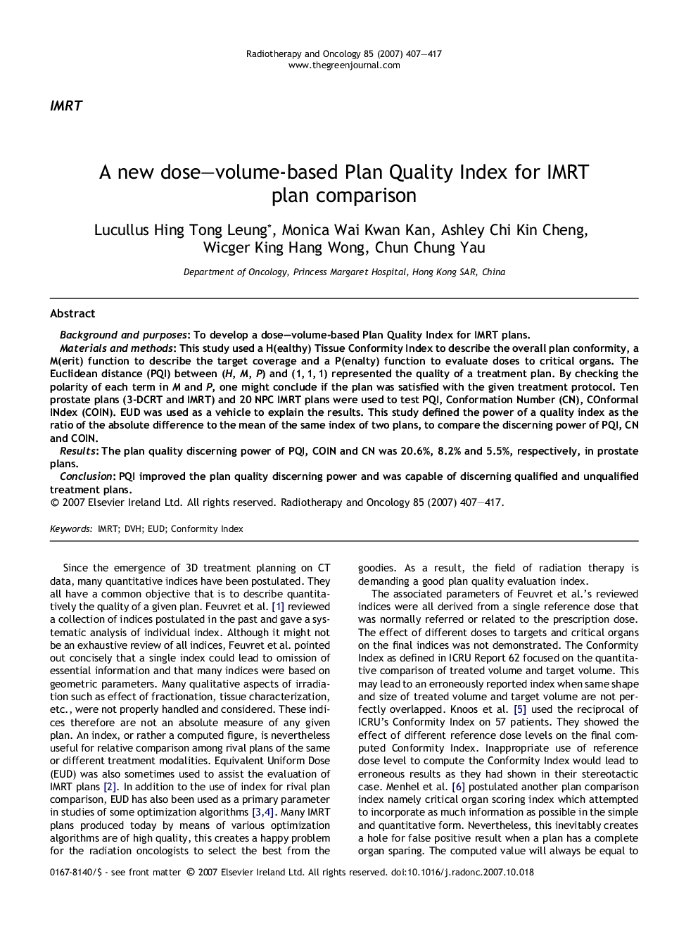 A new dose–volume-based Plan Quality Index for IMRT plan comparison