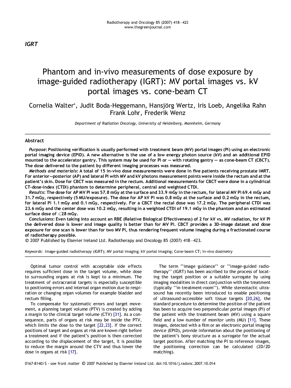 Phantom and in-vivo measurements of dose exposure by image-guided radiotherapy (IGRT): MV portal images vs. kV portal images vs. cone-beam CT