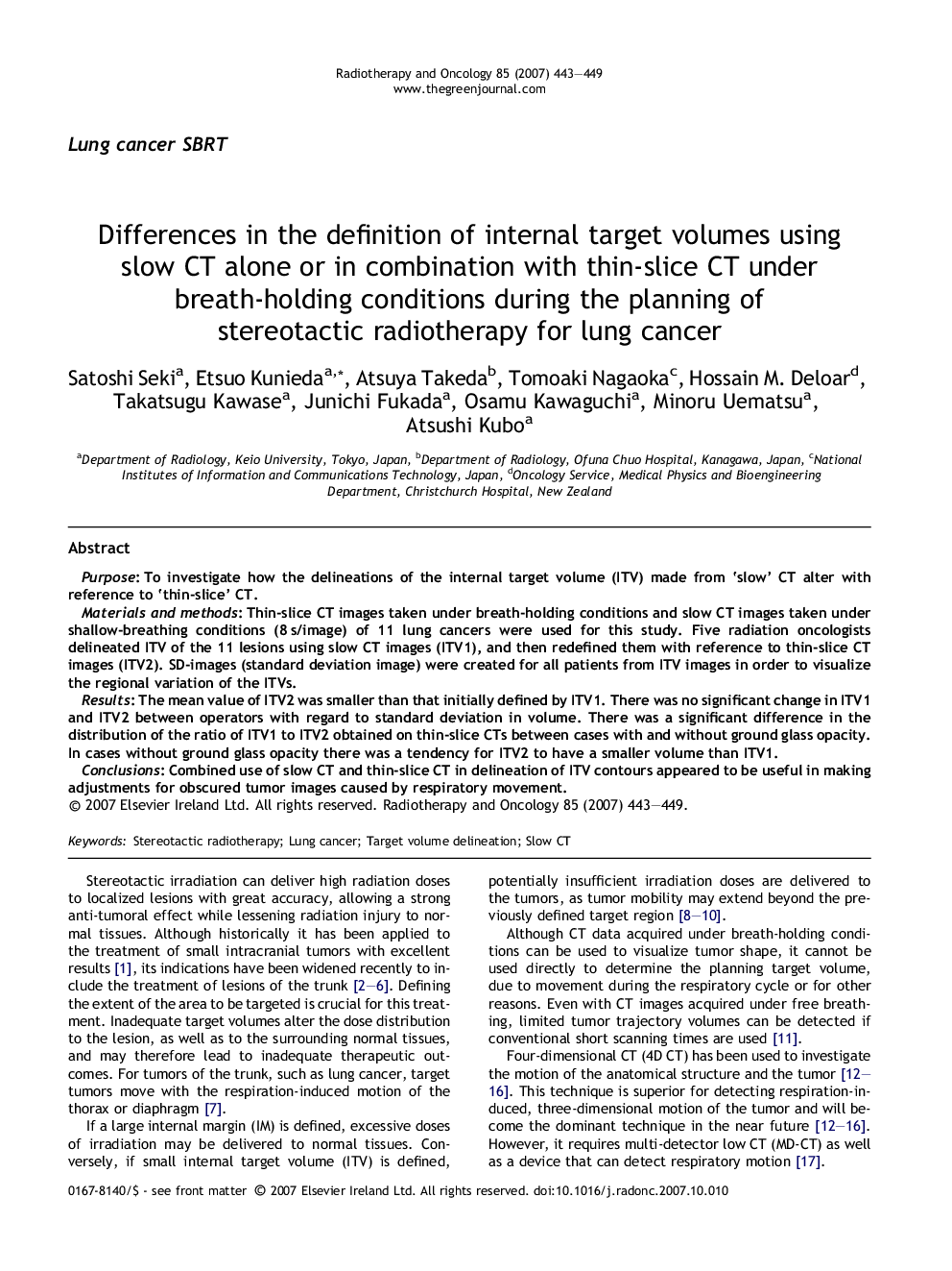 Differences in the definition of internal target volumes using slow CT alone or in combination with thin-slice CT under breath-holding conditions during the planning of stereotactic radiotherapy for lung cancer