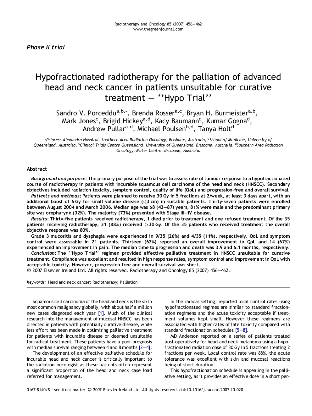 Hypofractionated radiotherapy for the palliation of advanced head and neck cancer in patients unsuitable for curative treatment – “Hypo Trial”