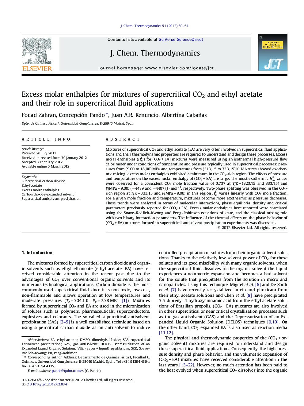 Excess molar enthalpies for mixtures of supercritical CO2 and ethyl acetate and their role in supercritical fluid applications