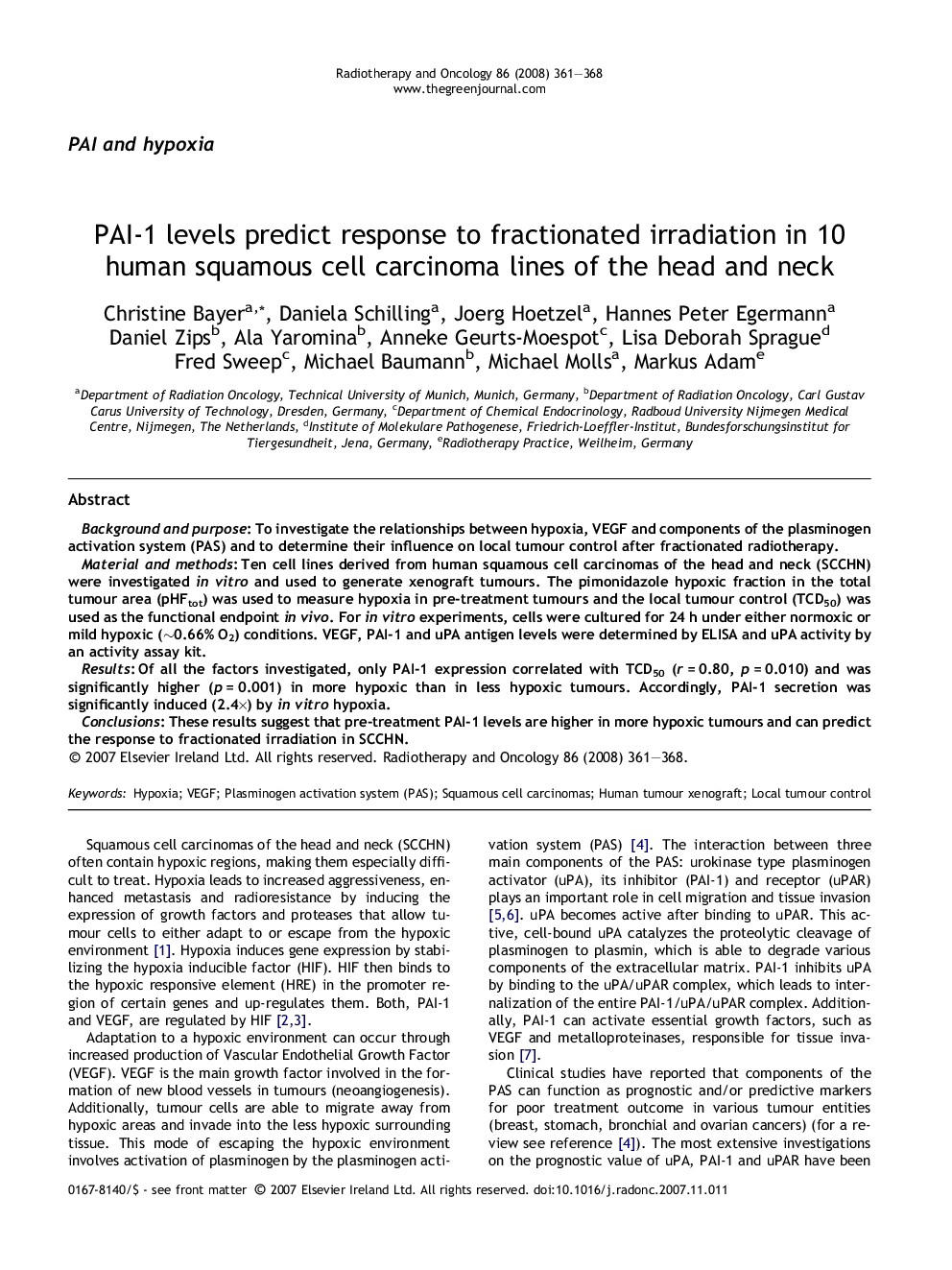 PAI-1 levels predict response to fractionated irradiation in 10 human squamous cell carcinoma lines of the head and neck