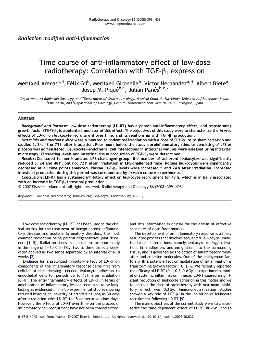 Time course of anti-inflammatory effect of low-dose radiotherapy: Correlation with TGF-Î²1 expression