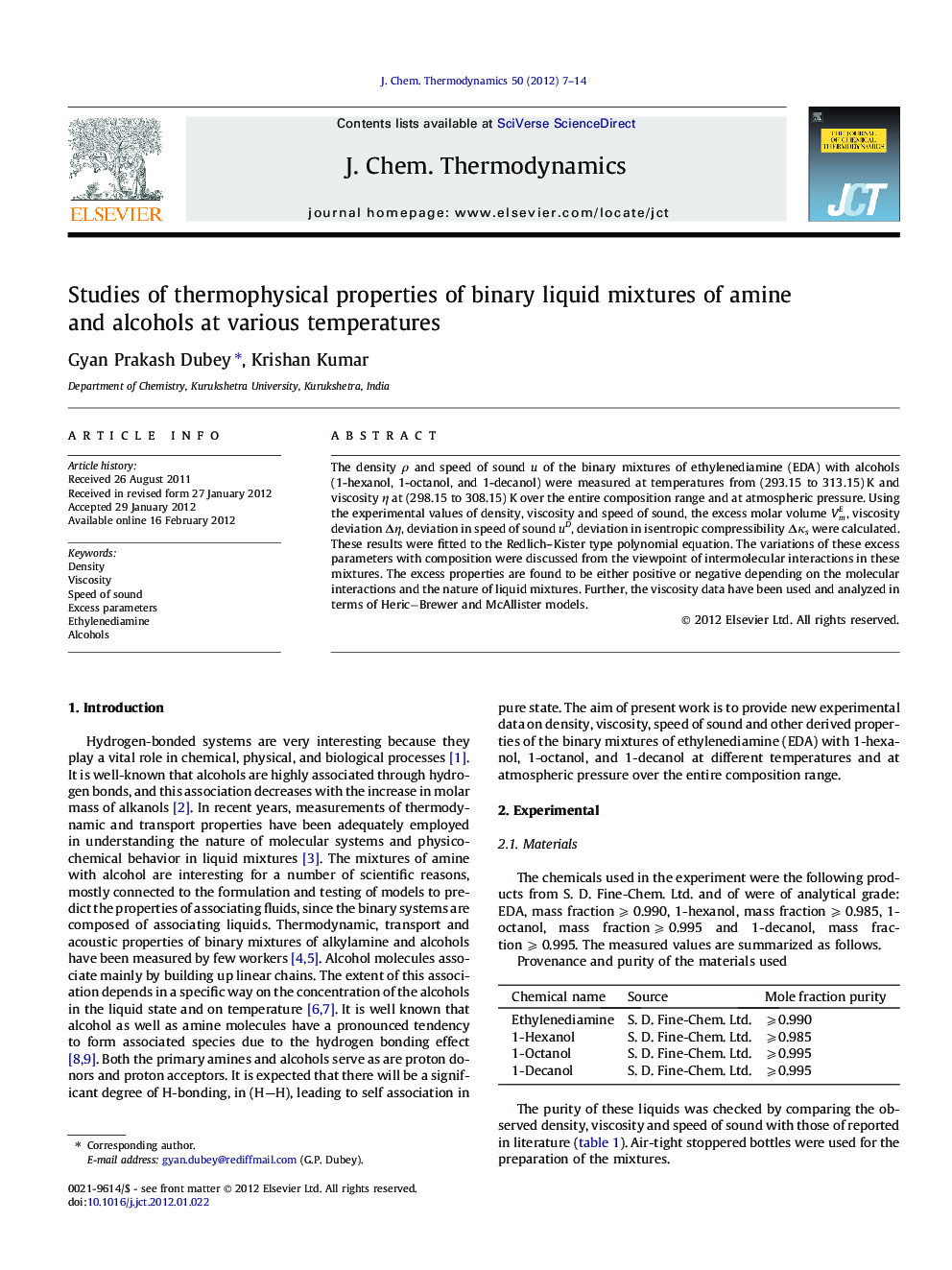 Studies of thermophysical properties of binary liquid mixtures of amine and alcohols at various temperatures