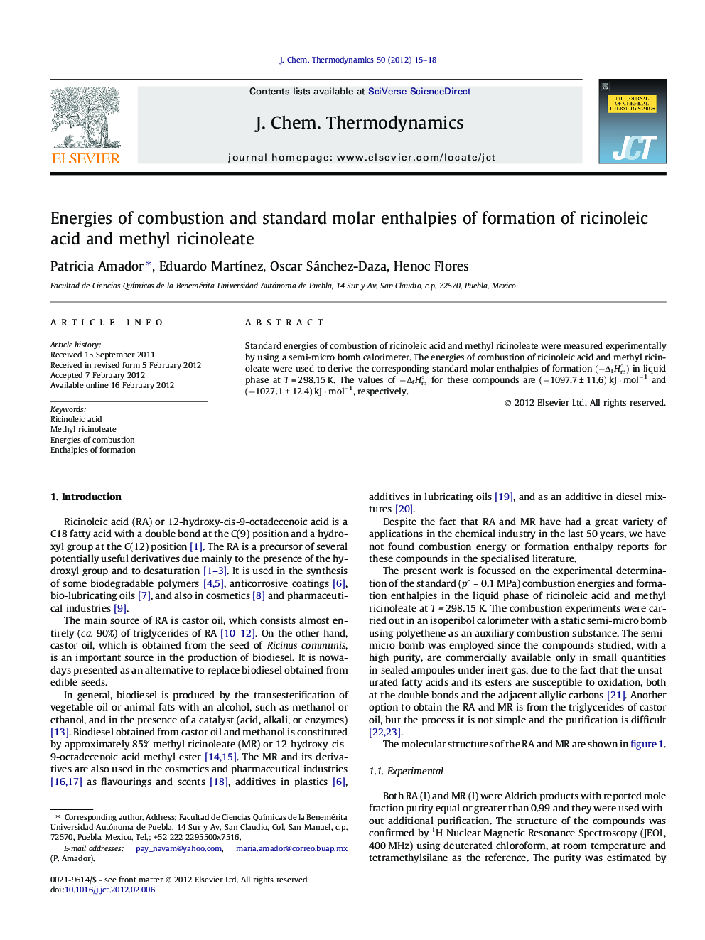 Energies of combustion and standard molar enthalpies of formation of ricinoleic acid and methyl ricinoleate