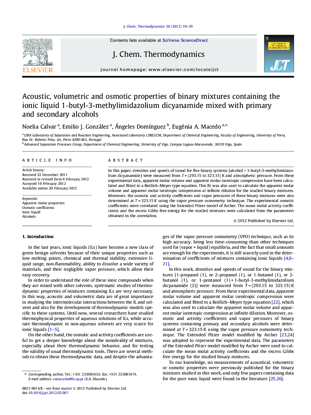 Acoustic, volumetric and osmotic properties of binary mixtures containing the ionic liquid 1-butyl-3-methylimidazolium dicyanamide mixed with primary and secondary alcohols