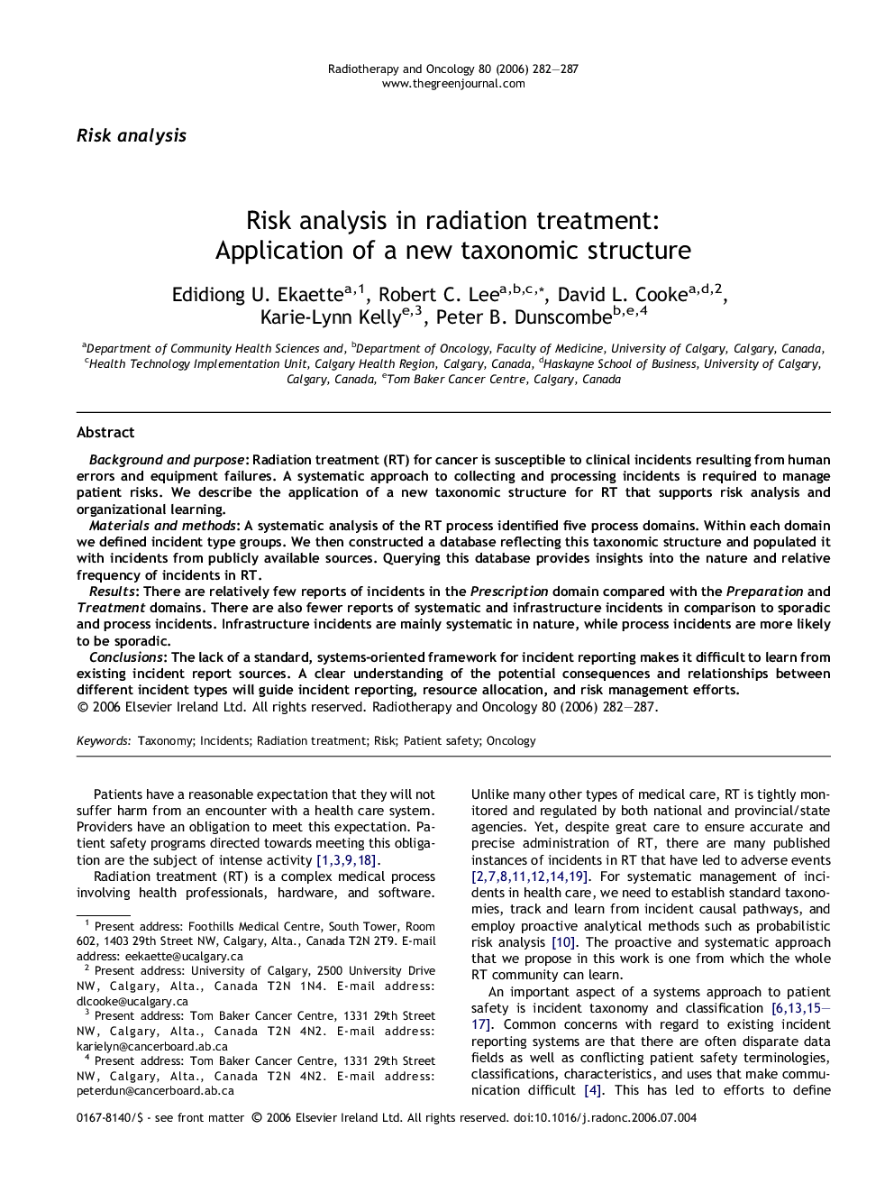 Risk analysis in radiation treatment: Application of a new taxonomic structure