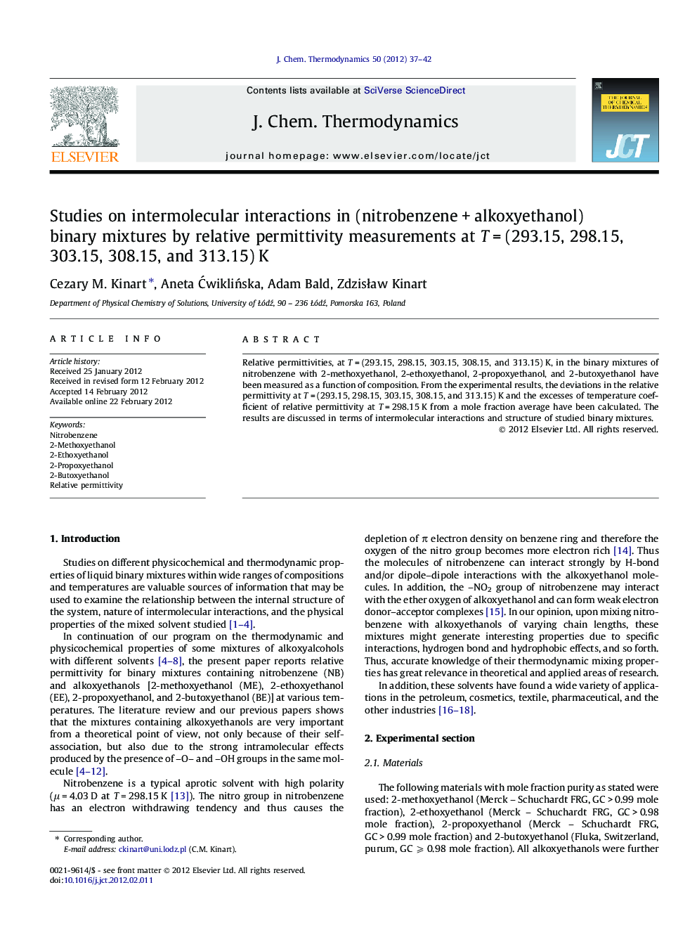 Studies on intermolecular interactions in (nitrobenzene + alkoxyethanol) binary mixtures by relative permittivity measurements at T = (293.15, 298.15, 303.15, 308.15, and 313.15) K